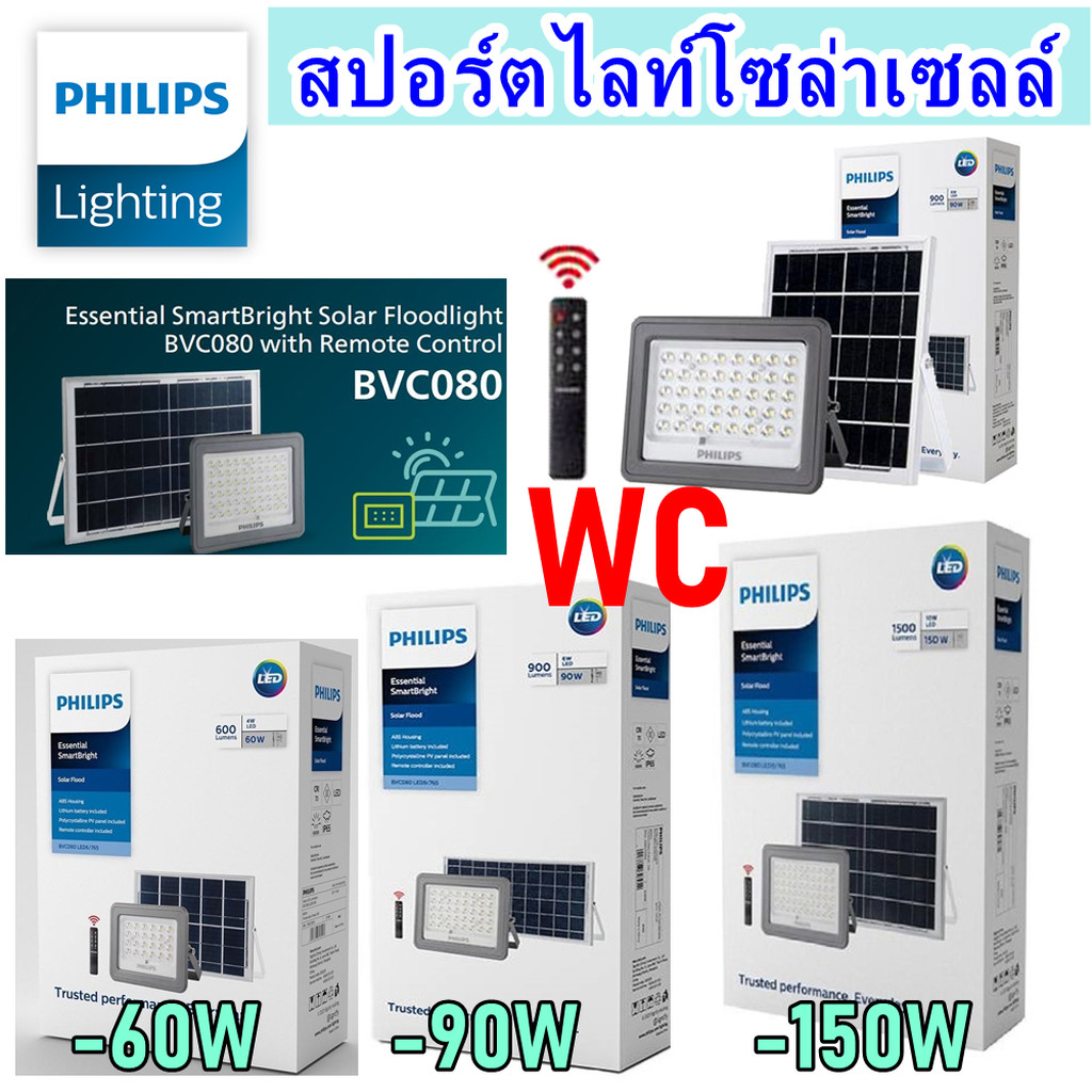Philips สปอร์ตไลท์โซล่าเซลล์ BVC080 60W 90W 150W แสงขาว โซล่าเซลล์ Solar Flood Light Essential SmartBright