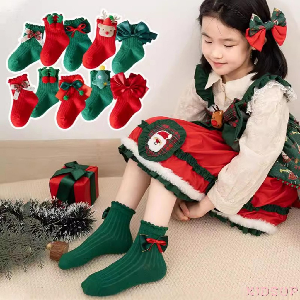 Kidsup1-เด็กวัยหัดเดินสาวถุงเท้าคริสต์มาสน่ารัก 3D Antler Bow Tree Crew ถุงเท้านุ่มถุงเท้าผ้าฝ้ายระบายอากาศ
