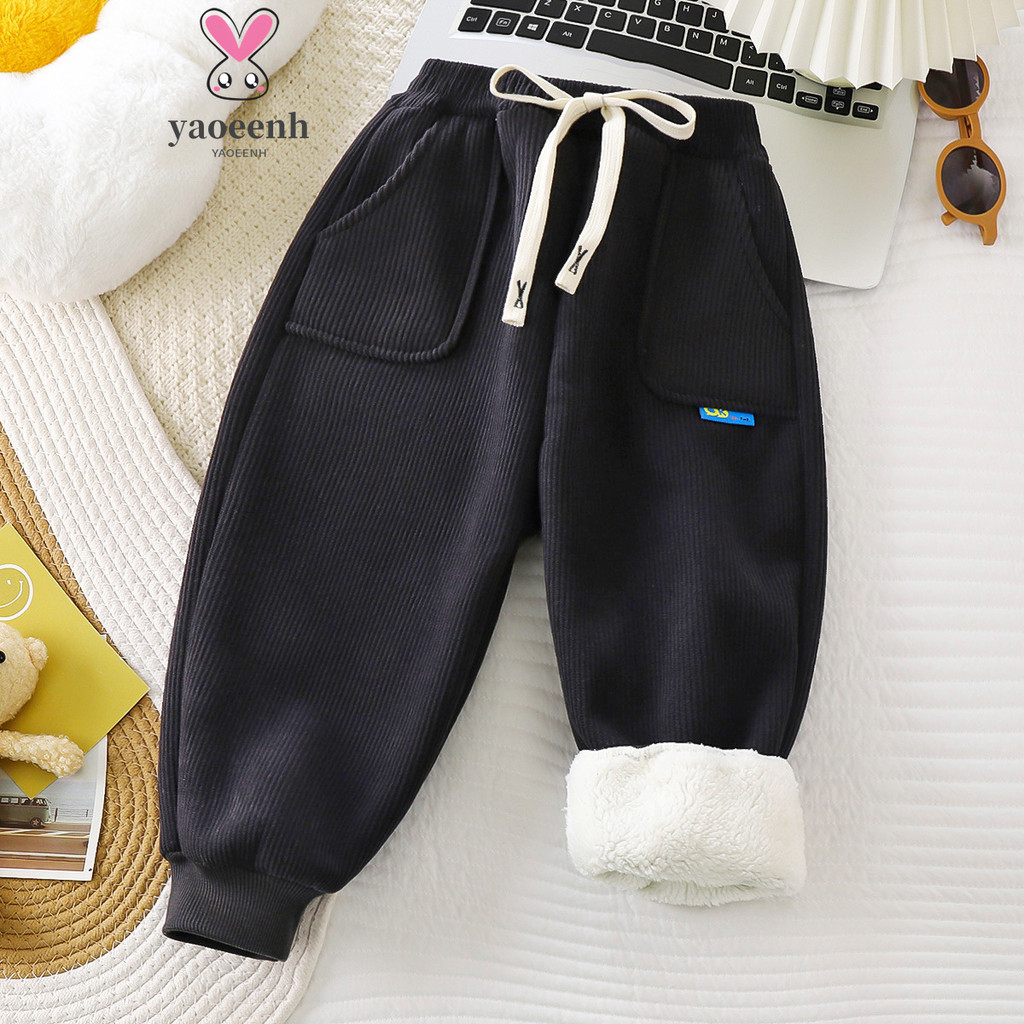 【YAOEENH】90-160ซม.สไตล์ฤดูหนาวชายหญิงขนแกะ-ขนแกะ อบอุ่นกางเกงลําลองขนาดกลางขนาดใหญ่เด็กกีฬาหนายุโรปผ้าฝ้ายขนแกะ กางเกงวอร์ม อ่าน