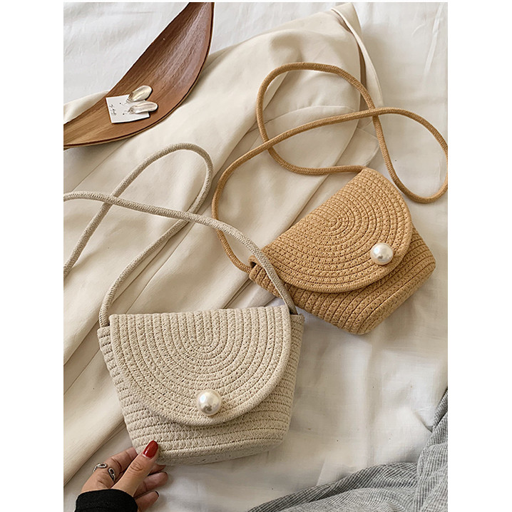 Charlotte bag พร้อมส่ง งานเกรดพรีเมี่ยม กระเป๋าเชือกถักมุก เชือกฝ้าย สายยาว P122