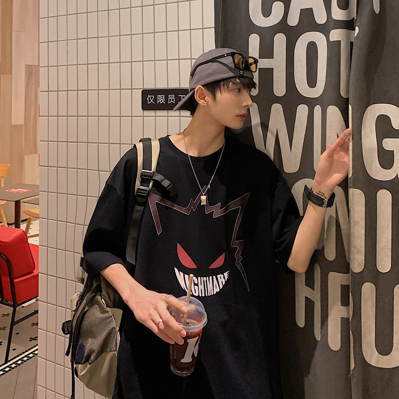 Ins Street Wear Loose Half-Sleeved อินเทรนด์ All-Match สไตล์ฮ่องกงการ์ตูนพิมพ์แขนสั้น