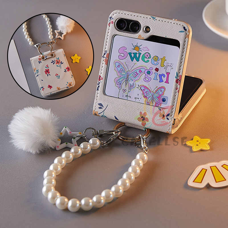 SAMSUNG น่ารักดอกไม้พิมพ์ผู้ถือแหวนปลอกหนัง ปู่ สําหรับ ซัมซุง กาแลคซี Z พลิก7พลิก6พลิก5พลิก4กรณีกับดาวผมลูกสร้อยข้อมือแม่เหล็กชาร์จไร้สายกันกระแทกปกหลัง