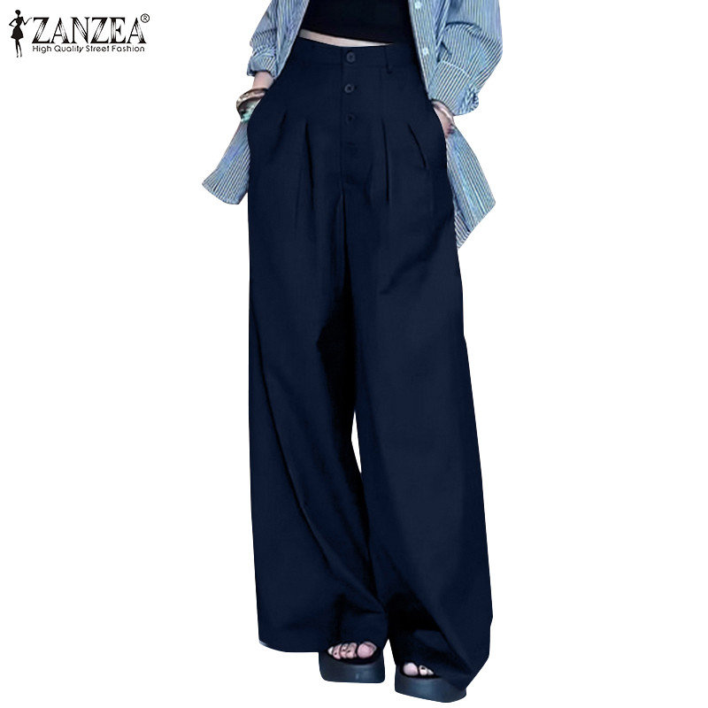 ZANZEA ใส่ ซานเซีย ผู้หญิงเกาหลีสบายๆเอวสูงสลิปกระเป๋าสีทึบกางเกงขากว้าง