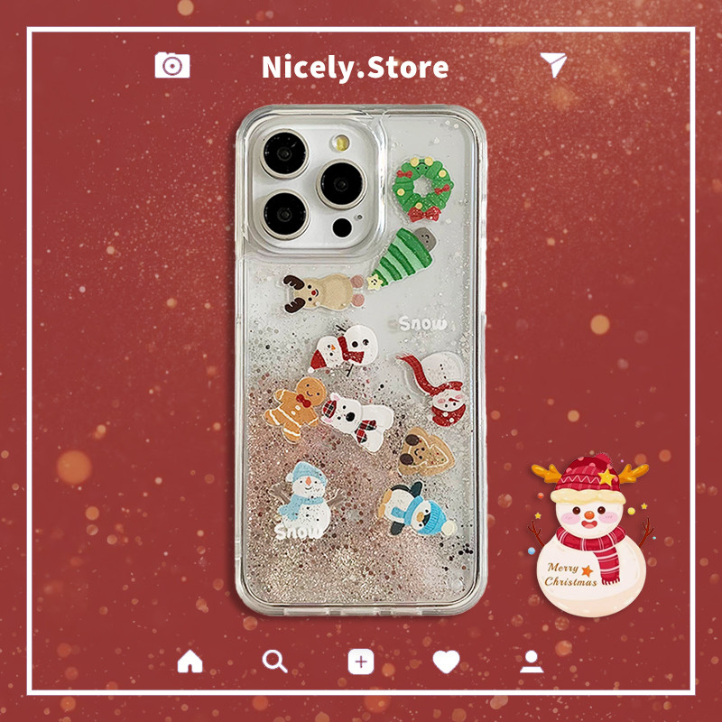 การ์ตูนคริสต์มาส Snowman Penguin Elk เลื่อน Quicksand เคสโทรศัพท์สําหรับ iPhone 16 15 14 13 12 Pro Max 11 16Promax อะคริลิคกันกระแทก Hard Case Cover