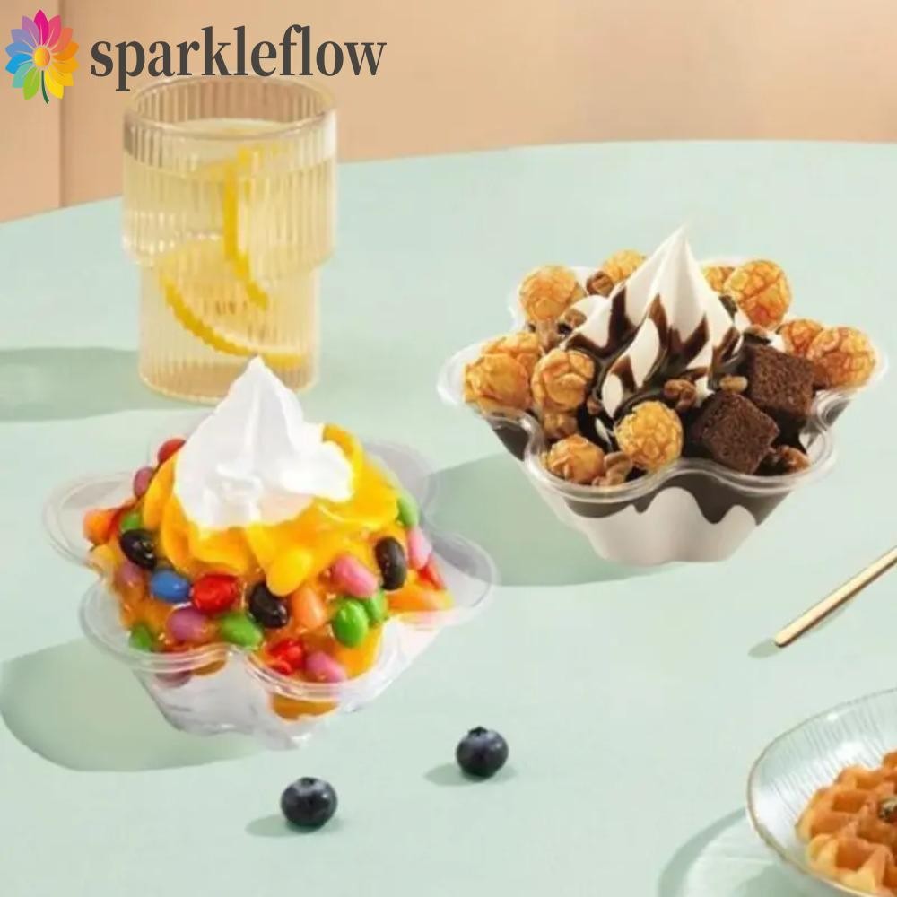 Sparkleflow 50 ชิ้น ถ้วยซันเดย์รูปดอกไม้, ชามไอศกรีมแบบใช้แล้วทิ้งพลาสติก, ชามสลัดหนาโปร่งใส 250 มล./300 มล. ถ้วยเสิร์ฟขนมหวานเบเกอรี่