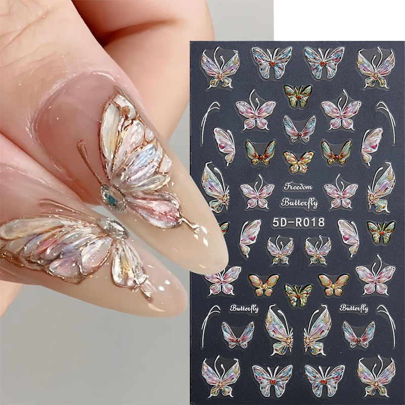 5d สติกเกอร์เล็บผีเสื้อหรูหรา Glitter Shell Aurora ตกแต่งเล็บ Decals DIY เล็บ Slider