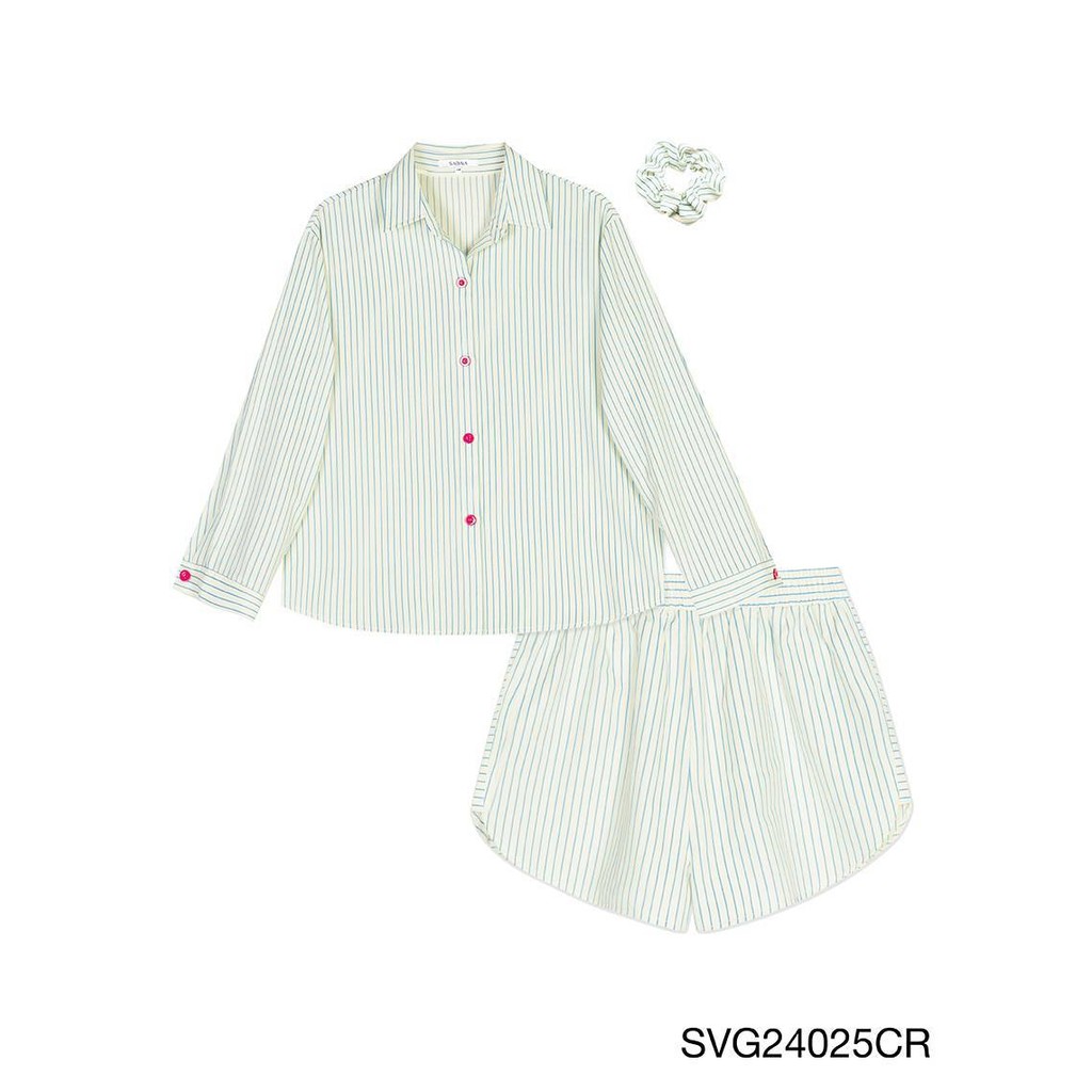 Sabina Sleepwear เซ็ตชุดนอน เสื้อแขนยาว กางเกงขาสั้น แถมฟรี ยางมัดผม รหัส SVG24025CR - สีครีม