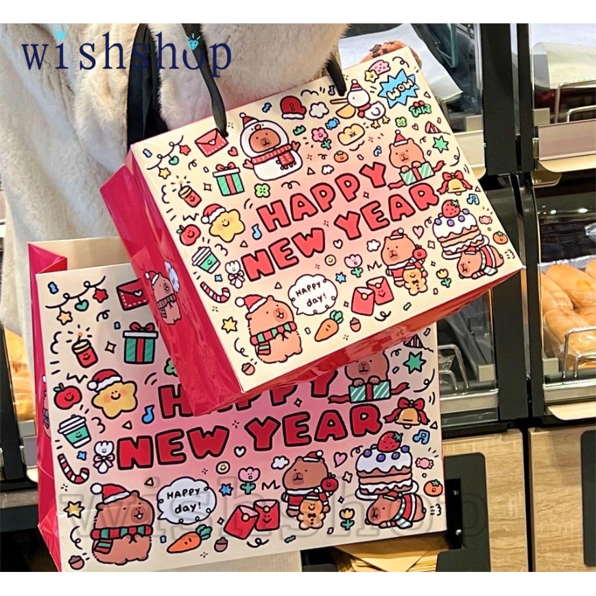 ถุงของขวัญ-สําหรับบรรจุภัณฑ์ของขวัญงานเลี้ยงวันเกิด-ถุงช้อปปิ้ง-มัลติฟังก์ชั่นนํากลับมาใช้ใหม่ความจุขนาดใหญ่-คาปิบาระธีมการ์ตูนสวัสดีปีใหม่-ถุงกระดาษเทศกาลที่จั