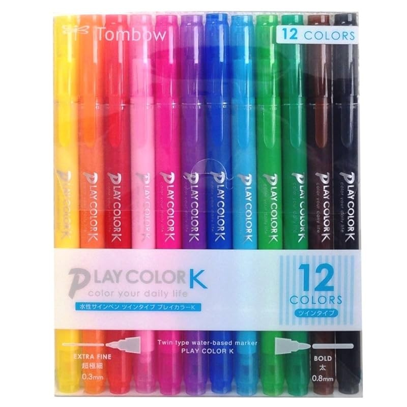 Tombow Water-based Sign Pen 12 Colors (Thick 0.8mm & Extra Fine 0.3mm Twin Type) Color Pen Play Colo