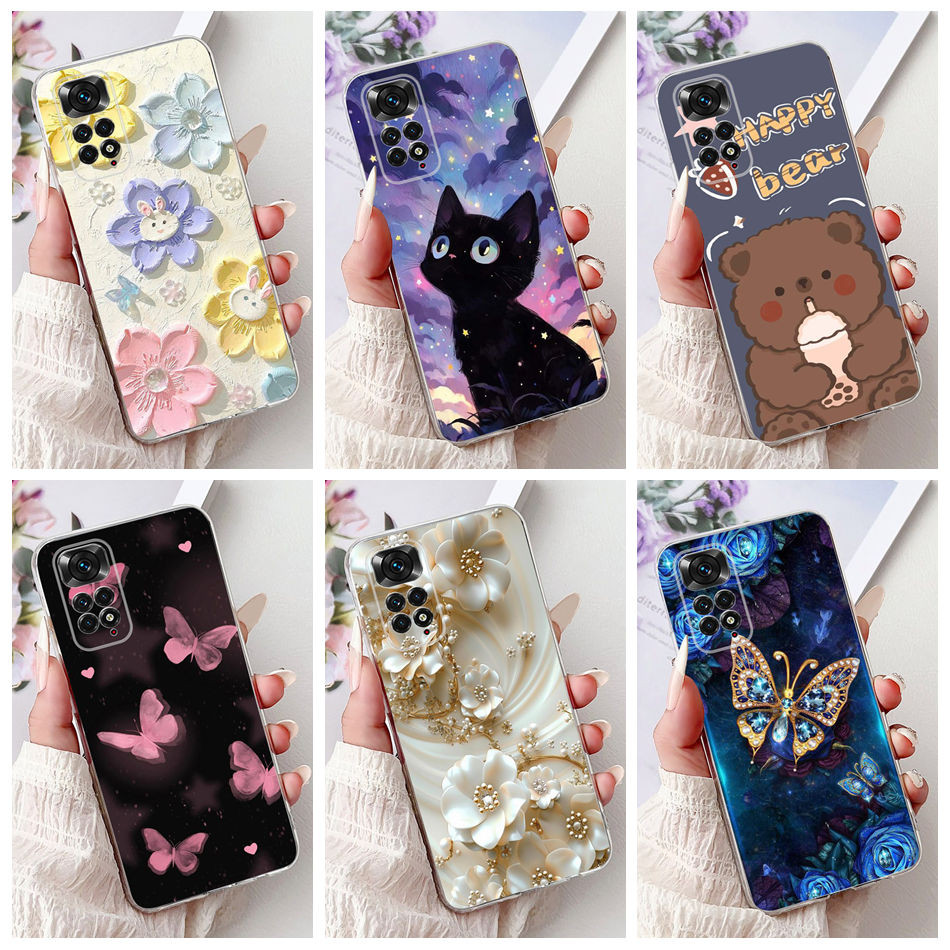 Xiaomi Redmi Note 11 11s Note11 Pro 4G 5G กรณีแมวน่ารักผีเสื้อดอกไม้รูปแบบซิลิโคนอ่อนนุ่ม TPU เคสโทรศัพท์