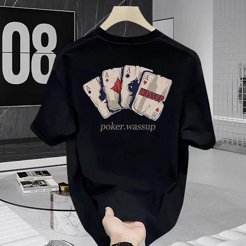 Y-T เสื้อยืดโอเวอร์ไซส์ ผ้าฝ้าย 100% สวมใส่สบาย เสื้อยืดแขนสั้น คุณภาพสูง ไม่จำกัดเพศ พิมพ์ "POKER.WASSUP"