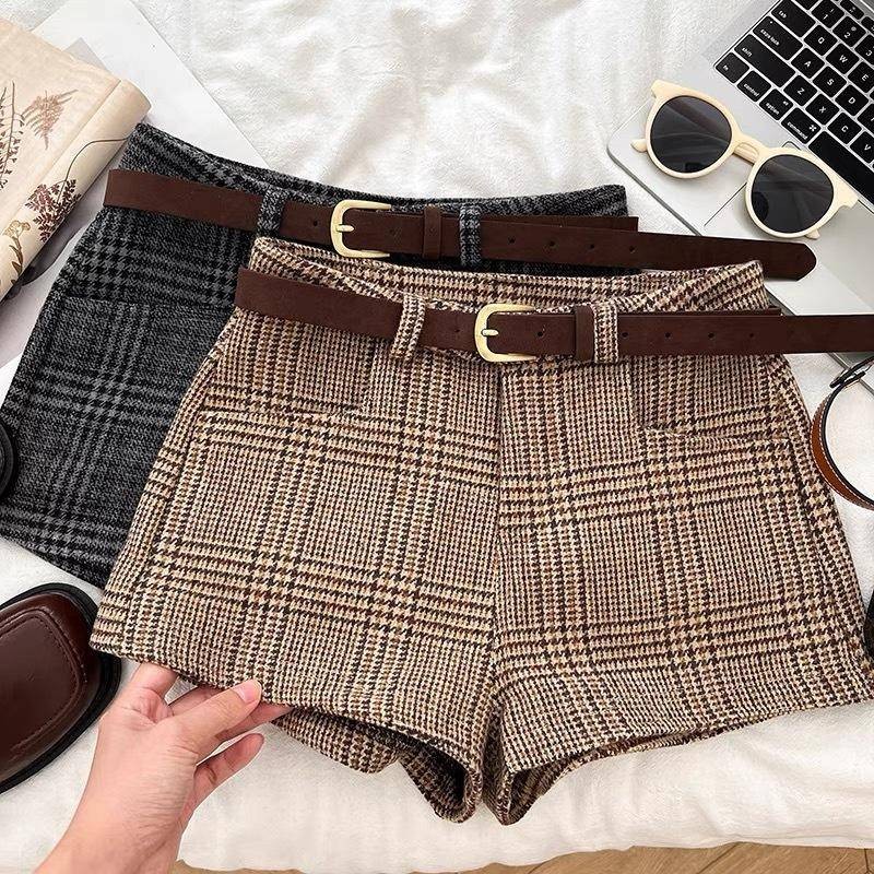 Retro แฟชั่น All-Match ลายสก๊อตทําด้วยผ้าขนสัตว์เอวสูง Slimmer ดูชุดกางเกงขากว้างพร้อมเข็มขัดผู้หญิง