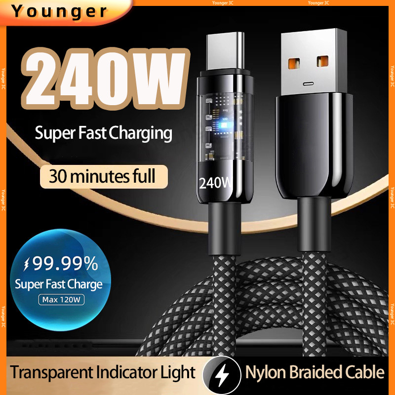 240w สายชาร์จเร็วสุดพร้อมโกดังชาร์จอัจฉริยะ,สายข้อมูลสานไนลอนโปร่งใสสําหรับ Type C,USB To Type C สายชาร์จ