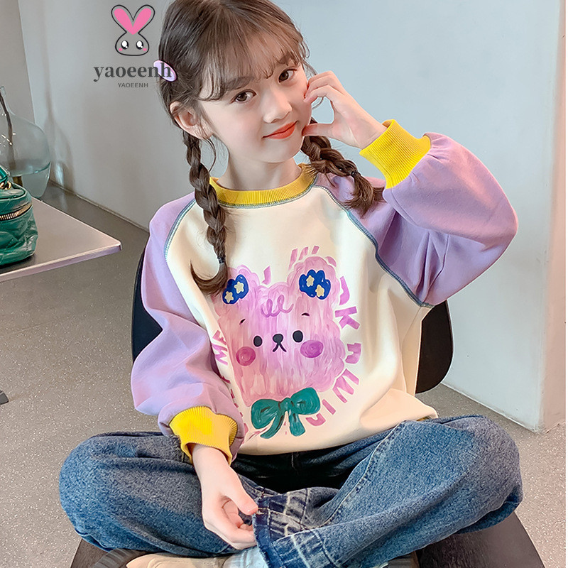 【YAOEENH】120-170 ซม.ฤดูใบไม้ผลิฤดูใบไม้ร่วงสไตล์สาวสไตล์ตะวันตกเสื้อแขนยาวกลางเด็กใหญ่น่ารักหลวมการ์ตูนท็อปส์พร้อมสต็อกอย่างรวดเร็ว