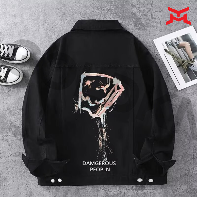 High Street Retro Patterned Denim Jacket แฟชั่นผู้ชาย All-Matching หลวมกระชับ Workwear Jacket