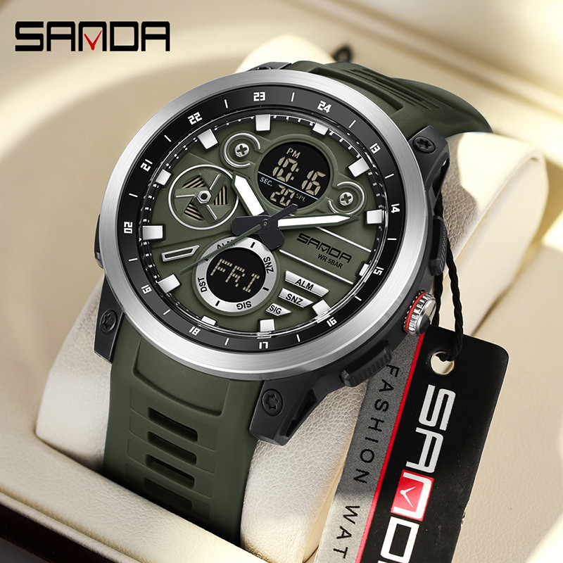 Sanda Dual Display Dial Luminous Calendar มัลติฟังก์ชั่นกลางแจ้งควอตซ์อิเล็กทรอนิกส์นาฬิกาผู้ชาย SD3379
