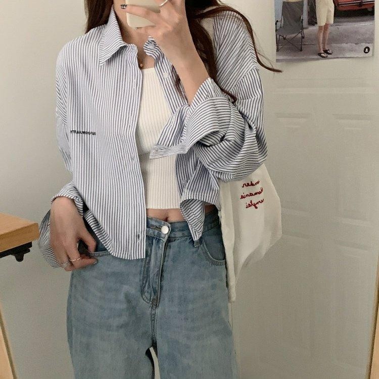 mimi&didi#เสื้อเชิ้ตลายทางแขนยาวปักลายหลวมๆสีดำ สไตล์สั้น เสื้อปกลำลอง  เอวสูง สำหรับผู้หญิง#W521