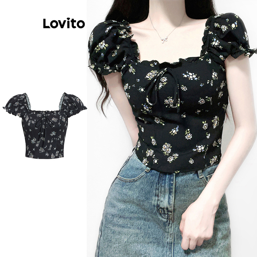 Lovito เสื้อเบลาส์ลายดอกไม้ โบโฮ ดิทซี่ สำหรับผู้หญิง L99ED556