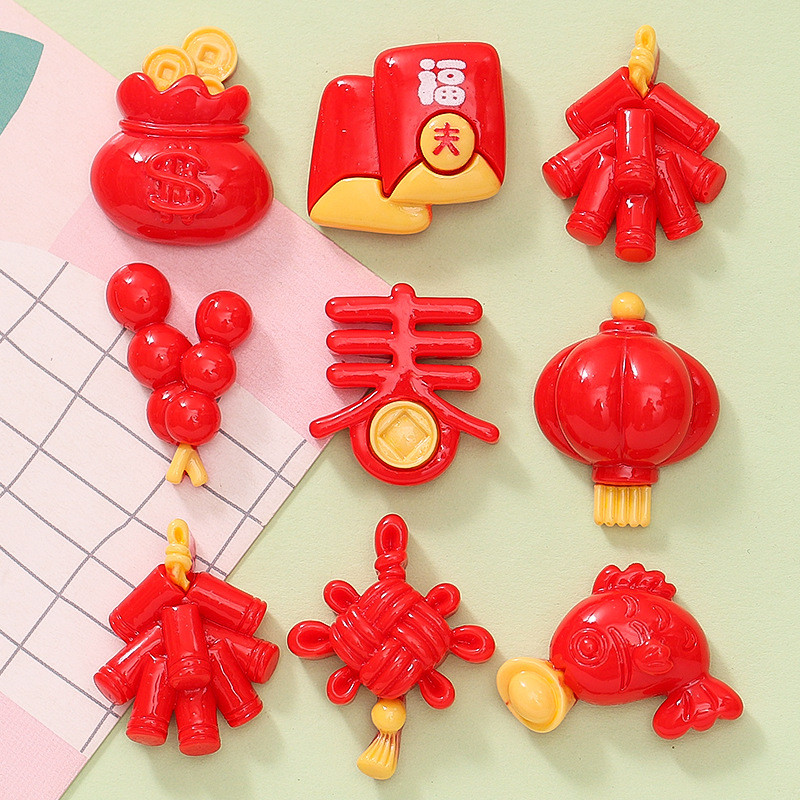 ปีใหม่โคมไฟสีแดงโบว์จีนซองจดหมายสีแดง DIY ครีมเคสโทรศัพท์หัวเข็มขัดรองเท้ากิ๊บติดผมเครื่องประดับเรซิ่น