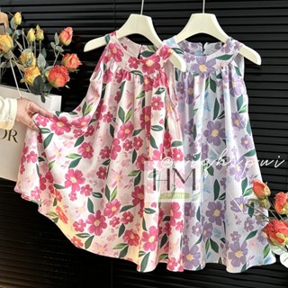 ชุดเดรสลายดอกไม้  ชุดเดรสวันพีช แขนกุด กระโปรงไปทะเลแฟชั่นสำ…