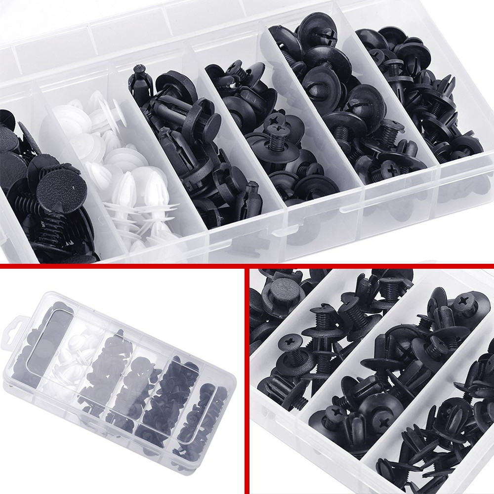 AUKKI 105Pcs หมุดพลาสติกรถยนต์ หมุดกิ๊บล็อคกันชน  กิ๊บล็อครถยนต์หมุดยึดพลาสติก 6ขนาด ชิ้นรถยนต์ หมุดรถยนต์ + เครื่องมือ