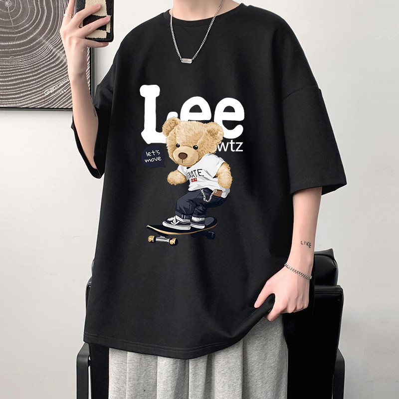 เสื้อยืดคอกลม-แขนสั้น OVERSIZE t-shirt พิมพ์ลายหมี เสื้อยืดหมี สตรีทแฟชั่นเท่ๆ ผู้ชาย เสื้อเมกา สีพื้น สีขาว-ดำ - รูปที่ 4