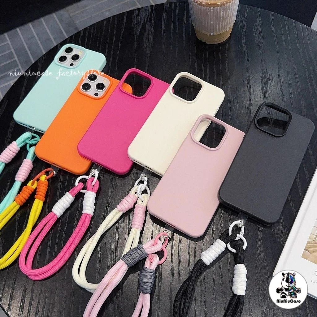 เคสหนัง For iPhone 16 เคสนิ่ม TPU เรียบง่าย สีลูกกวาด เคส + Lanyard For iPhone 15 11 16 14 13 12 Pro max XS XR 7 8 Plus