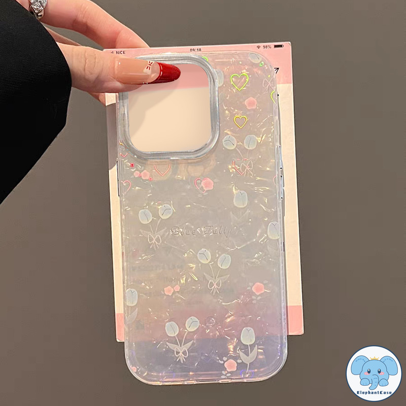 เข้ากันได้กับ IPhone XR 15 16 13 11 12 14 Pro Max 7 8 16 15 14 Plus X XS Max SE2020 เคสนิ่มลายดอกทิวลิปสีขาวเต็มจอสดชื่น
