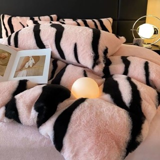 ชุดเครื่องนอนหรูหราขนกระต่ายหนา ผ้าคลุมเตียงกำมะหยี่นม 4 ชิ้…