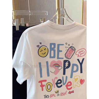 Crazy` T-shirt เสื้อยืดแขนสั้นสีขาวคอตตอนแท้สไตล์อเมริกันสำหรับผู้หญิง หลวมๆ ย้อนยุค อเนกประสงค์ เทรนด์ใหม่