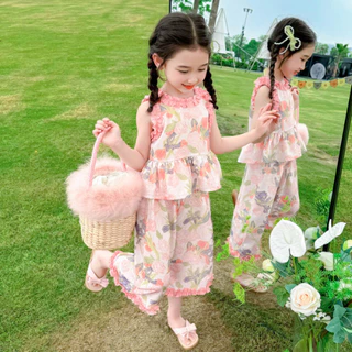 ชุดดอกไม้สำหรับเด็กผู้หญิง ชุดฤดูร้อนใหม่ เสื้อกั๊กและกางเกงขากว้าง ชุดสองชิ้นสำหรับเด็กทารกผู้หญิง
