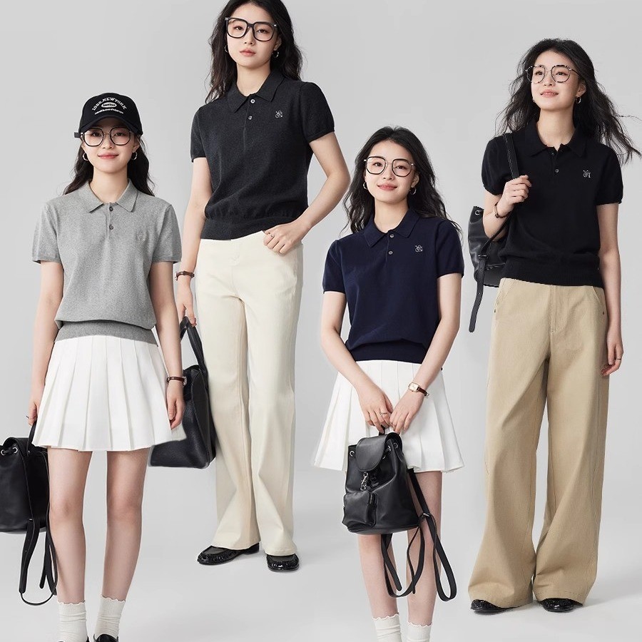 ค&ม ลําลองสไตล์เรโทรสตรีเสื้อถักแขนสั้นปักลายเสื้อโปโล