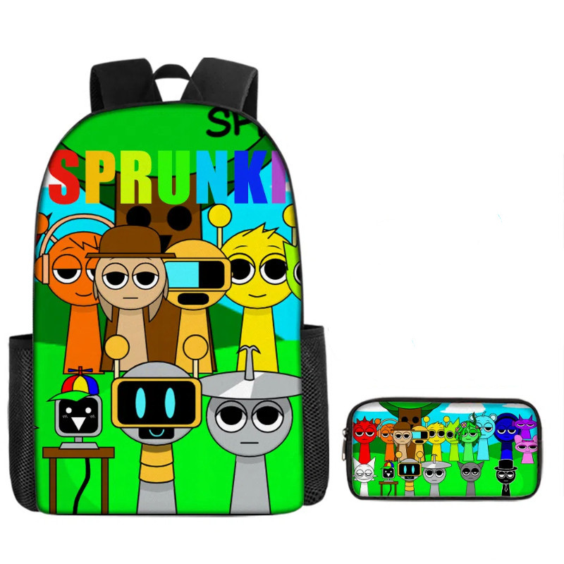 2 ชิ้น/ชุด Sprunki กระเป๋าเป้สะพายหลังเด็ก + กระเป๋าดินสอ 3D การ์ตูน กระเป๋านักเรียน น้ําหนักเบากันน้ําสบาย