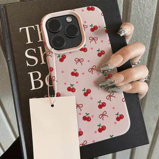 เคส For iPhone 13 เคสหนังเนื้อนิ่มสีแคนดี้ รูปแบบเชอร์รี่🍒For iPhone 15 16 13 14 12 11 Pro Max XS XR 7P 8P เคสหนัง Case