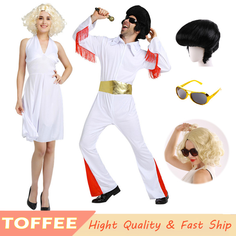 Elvis Presley สีขาว Jumpsuit สําหรับ Man Marilyn Monroe ชุดเดรสแขนกุดสําหรับผู้หญิงผู้ใหญ่ Halloween