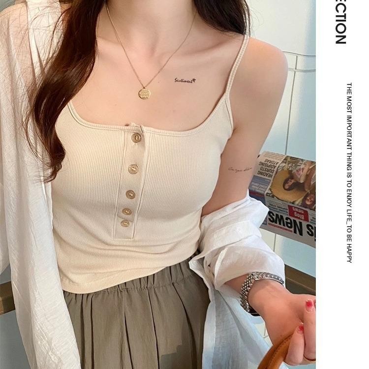 Phalicia เสื้อสายเดี่ยว สายเดี่ยวผู้หญิง แนวน่ารัก แต่งกระดุม มีฟองน้ำเย็บติด ใสสบาย ผ้านุ่ม Clothing Women สีเทา - รูปที่ 6