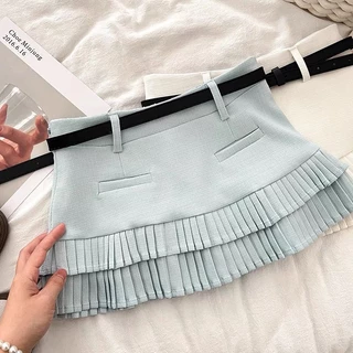 American Hot Girl แฟชั่น All-Match Double-Layer Ruffled เอวสูง Slimmer ดูครึ่งความยาว