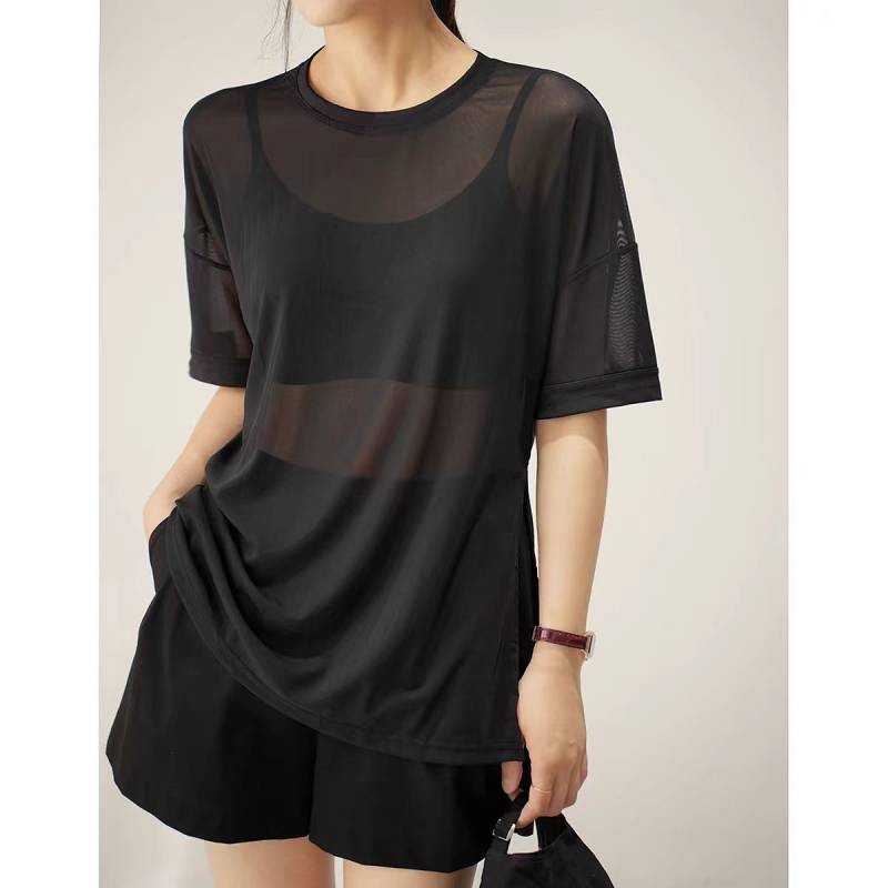 Sports Blouse Women's Summer Mesh Breathable Top round Neck Short Sleeve Loose Split T-shirt Sun Protection Overclothes Sports pants 25gd