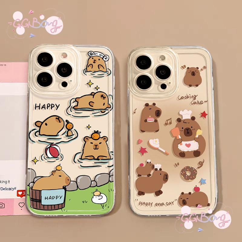 คู่รักน่ารักมีความสุขคาปิบาร่าปกใสนุ่ม เคสไอโฟน 16 11 เคส 16 15 11 13 12 14 Pro Max 7Plus XS X XR Max 7 8 Plus SE
