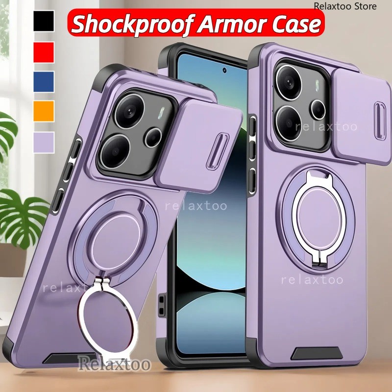 Casing For Xiaomi Redmi Note14 Note13 Note 14 Pro Plus Pro+ 14Pro+ 13Pro+ Note14Pro+ Note13Pro+ 5G 4G Shockproof Hard Phone Case Metal Armor Ring Bracket Stent Back Push Camera Lens Privacy Protect Holder Back Casing Cover