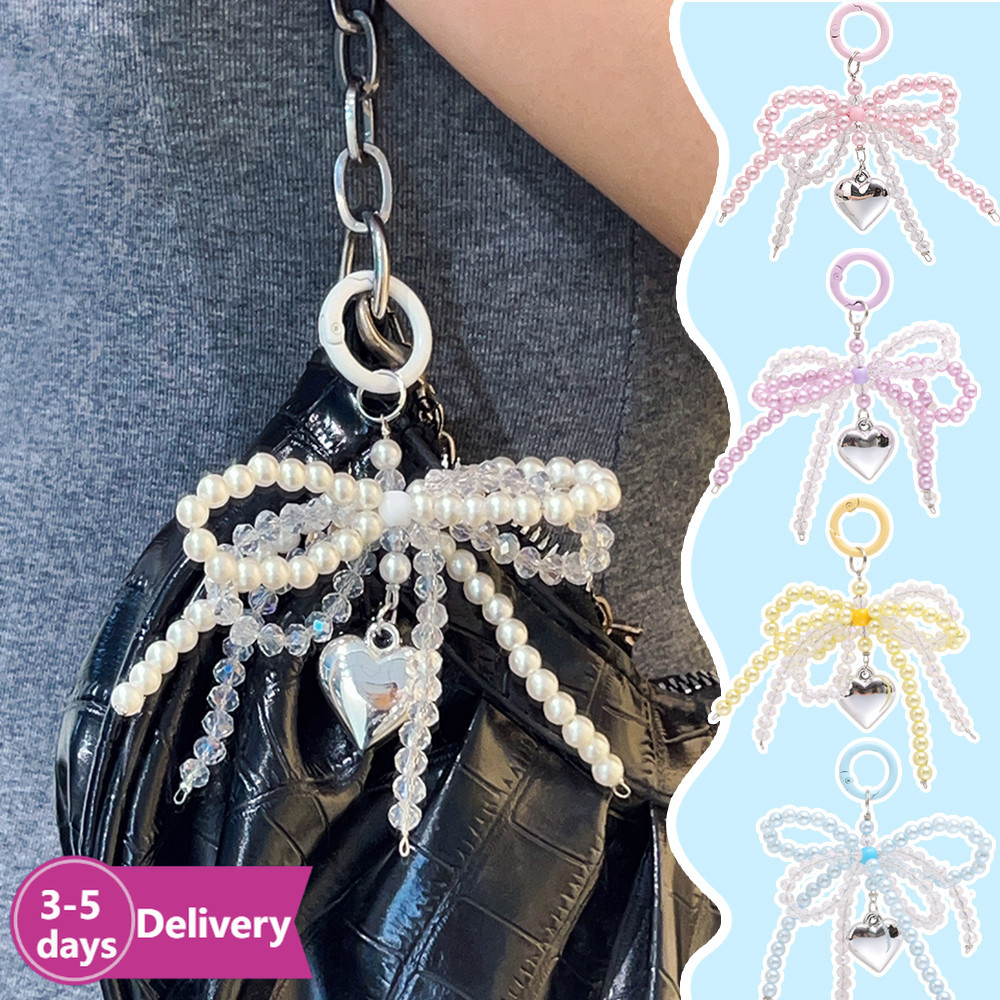 [3-5วันมาถึง]2ชิ้นพวงกุญแจมุกโบว์คู่ด้วยลูกปัดอะคริลิ,โลหะผสมพวงกุญแจโลหะเสน่ห์ของขวัญสําหรับวันเกิด/คริสต์มาส,จี้กระเป๋าหรูหราส