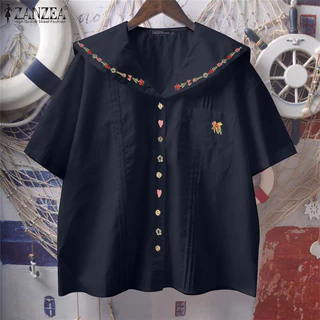 ZANZEA ซานเซีย ผู้หญิงเกาหลีลําลองแขนสั้นเย็บปักถักร้อยพิมพ์เสื้อกระเป๋า