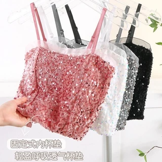 #452 เสื้อครอป สายเดี่ยว เซ็กซี่เงาวิบวับ สม็อคหลังสุดน่ารัก ไสตล์เกาหลี ใส่ได้ทุกโอกาส สดใส