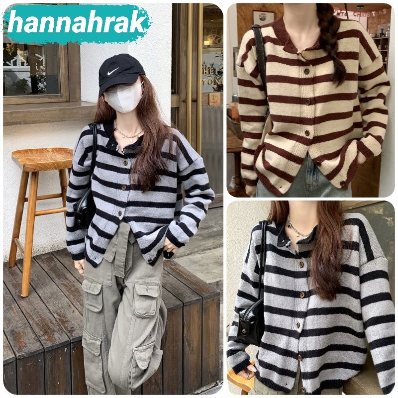 (ส่งจากกรุงเทพฯ)เสื้อคาร์ดิแกนผู้หญิง กระดุมด้านหน้า ลายทาง สไตล์ลำลอง