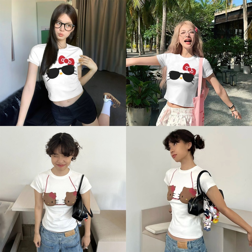 ท็อปส์ซูเด็กเกาหลี เสื้อยืด สวัสดี คิตตี้ สไตล์หวานผู้หญิงเสื้อยืด 100% ผ้าฝ้ายคุณภาพสูงแขนสั้น ครอบตัด เสื้อยืด ทุกวันกลางแจ้งอเนกประสงค์เส