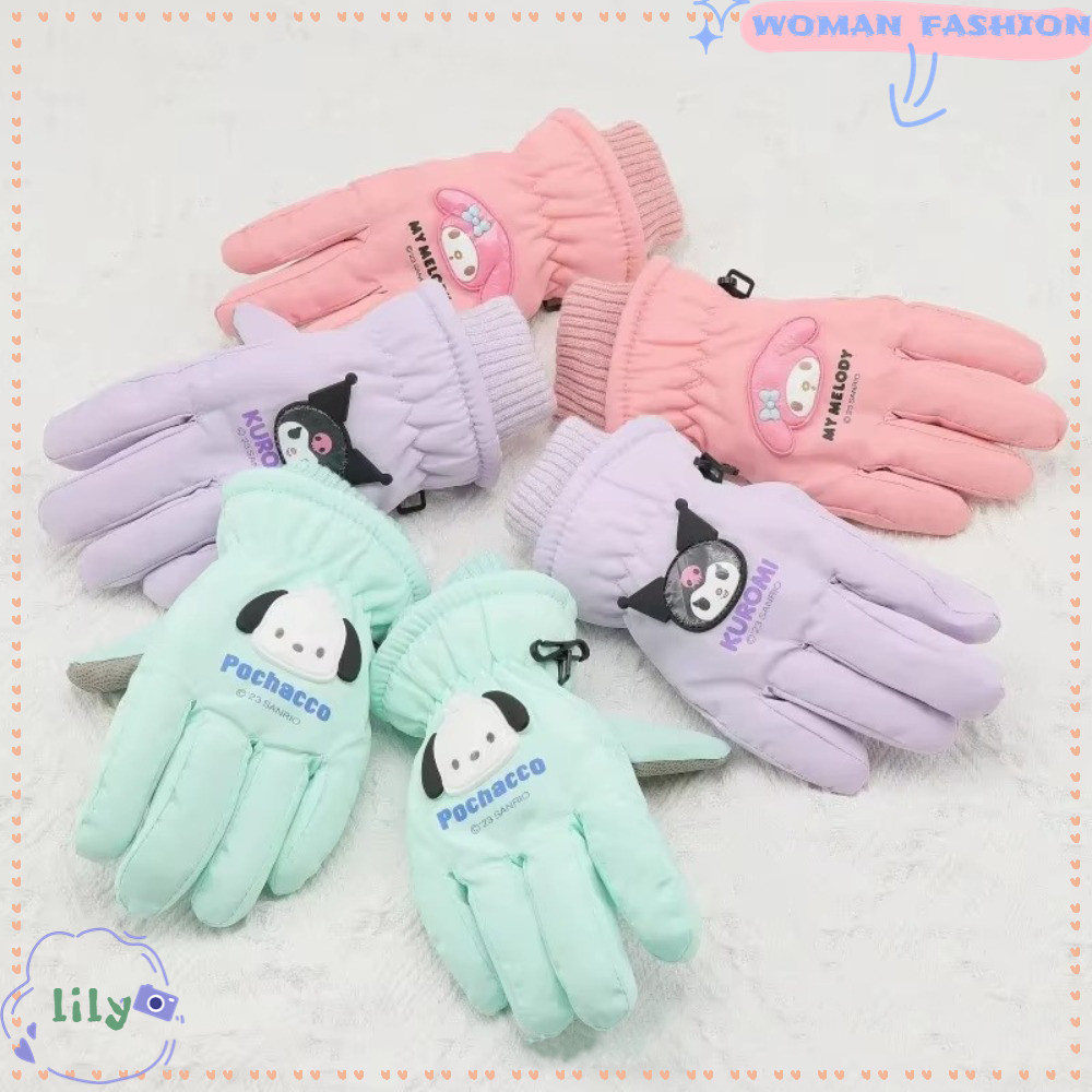 Lily ถุงมือสกีสําหรับเด็ก, อะนิเมะ Sanrio Plus Velvet Warm Gloves, ถุงมือห้านิ้วหนากันลมในฤดูหนาว