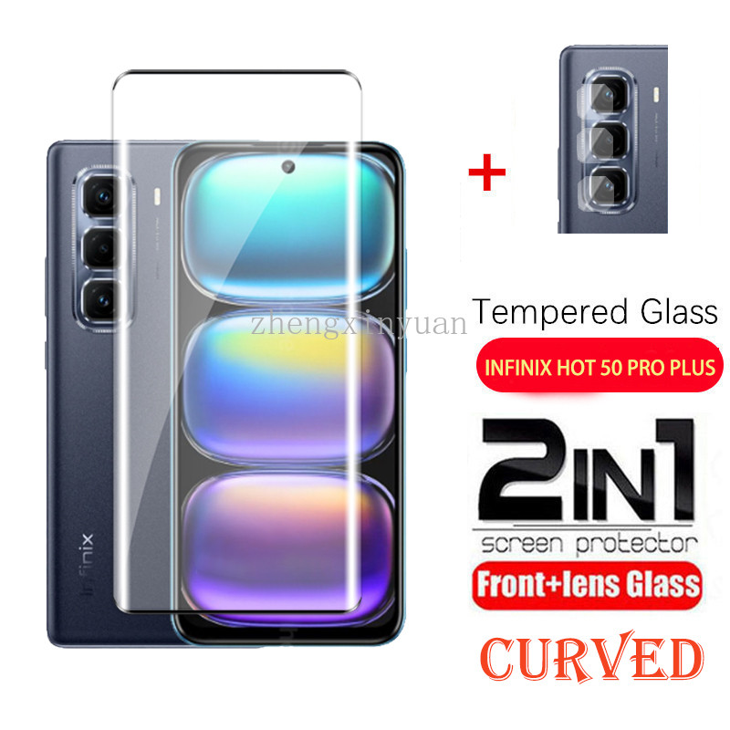 2in1 9Hขอบโค้งป้องกันหน้าจอสําหรับInfinix Hot 50 Pro Plus Hot50ProPlus Hot50Pro 4G 5G 2024 กล้องเลนส์ป้องกันฟิล์มสําหรับHot50 Hot50Pro + กระจกนิรภัยป้องกันฟิล์ม