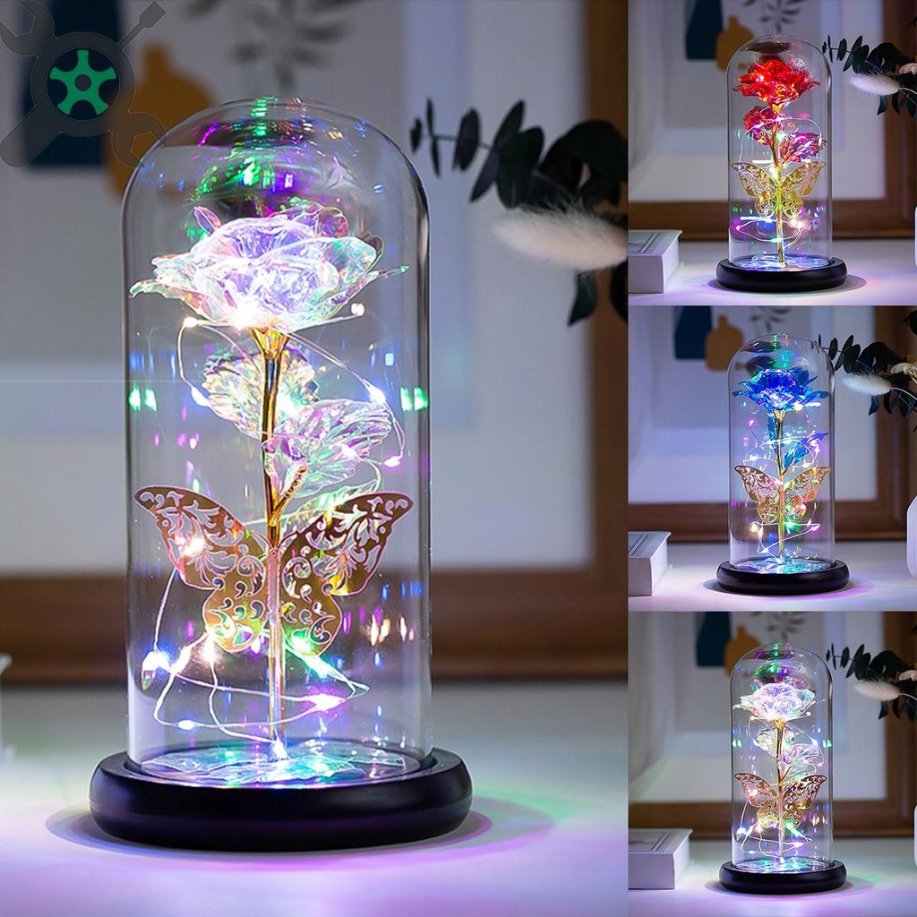 Rose Light ประดิษฐ์ Galaxy Rose โคมไฟผีเสื้อและ LED สีสัน Rose ดอกไม้ในแบตเตอรี่แก้วขับเคลื่อน SHOPC