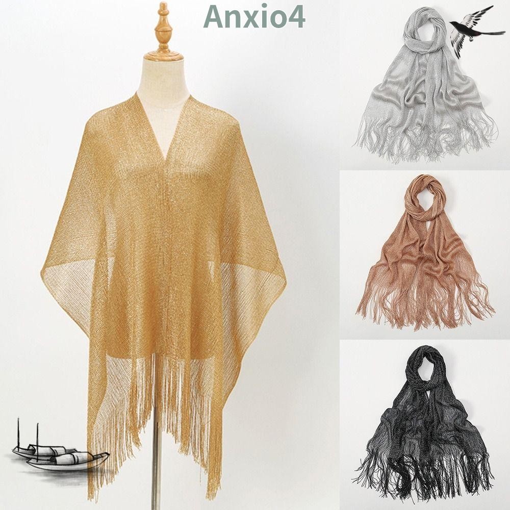 Anxio4 ชุดเดรสผ้าคลุมไหล่,ผ้าพันคอสีเงินสีทองอารมณ์,พู่ฤดูร้อนกันแดดผ้าพันคอชายหาดหรูหราสําหรับผู้หญิง