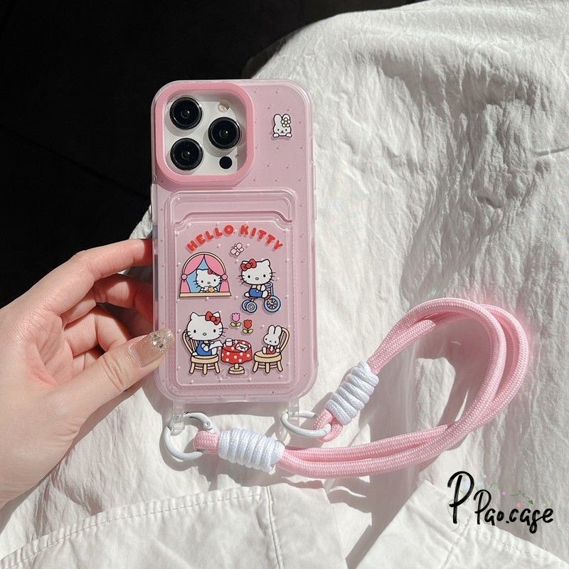 หวานโบว์ HelloKitty เข้ากันได้กับเคสไอโฟน16 11 13 15 XR 14 12 Pro Max 7 15 8 14 Plus X XSMax SEเชือกกระเป๋าสตางค์บัตรเคส